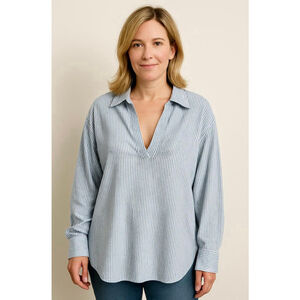 H&M Woman's Striped Top Sz XXL V-Neck Collard Linen Blend Nautical Coastal Lagum